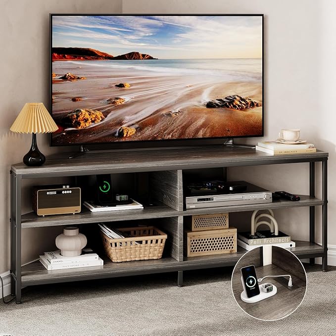 MUTUN Corner TV Stand with Power Outlet Corner TV Stand for 32 43 50 55 60 Inch TV Corner Entertainment Center Industrial TV Console Table for Living Room Bedroom 55 Inch Grey Oak