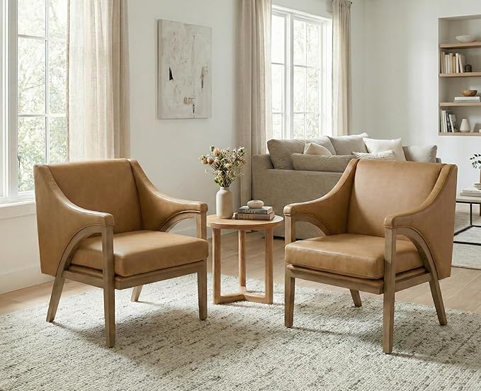 Mid Century Modern Accent Chairs Set of 2 with Barrel Back Upholstered Armchair Comfy Reading Chairs with 4 Thick Cushion Solid Wood Legs for Living Room/Bedroom/Reading Corner PU Fabric Brown