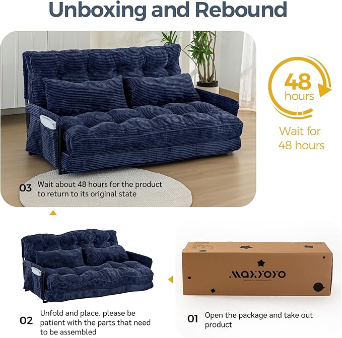 MAXYOYO Adjustable Floor Sofa Couch with 2 Pillows Multi-Functional Bean Bag Bed 5-Position Foldable Lazy Sofa Sleeper Bed with Armrest Versatile Floor Seating for Reading Navy Double