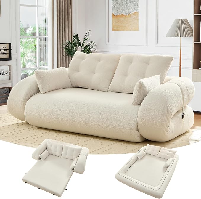 78.7'' Folding Sleeper Sofa 3 in 1 Folding Sofa Bed Teddy Couch Upholstered Deep Seat Bean Bag Lounge Recliner Oversized Human Dog Bed for Living Room Playroom Bedroom(Beige)