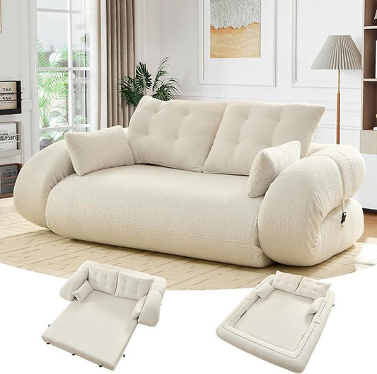 78.7'' Folding Sleeper Sofa 3 in 1 Folding Sofa Bed Teddy Couch Upholstered Deep Seat Bean Bag Lounge Recliner Oversized Human Dog Bed for Living Room Playroom Bedroom(Beige)