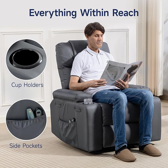 Brage Living Power Lift Recliner Chair for Elderly with Massage &amp Heat PU Leather Electric Recliner with 160° Adjustable Recline Stand Assist Remote Control Cup Holders &amp Side Pockets (Gra