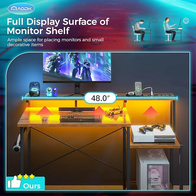 AODK Computer Desk 48 Inch Gaming Desk with Led Lights &amp Power Outlet Office Desk with Storage Shelves Reversible Desk with Monitor Shelf &amp Headphone Hook Rustic Brown