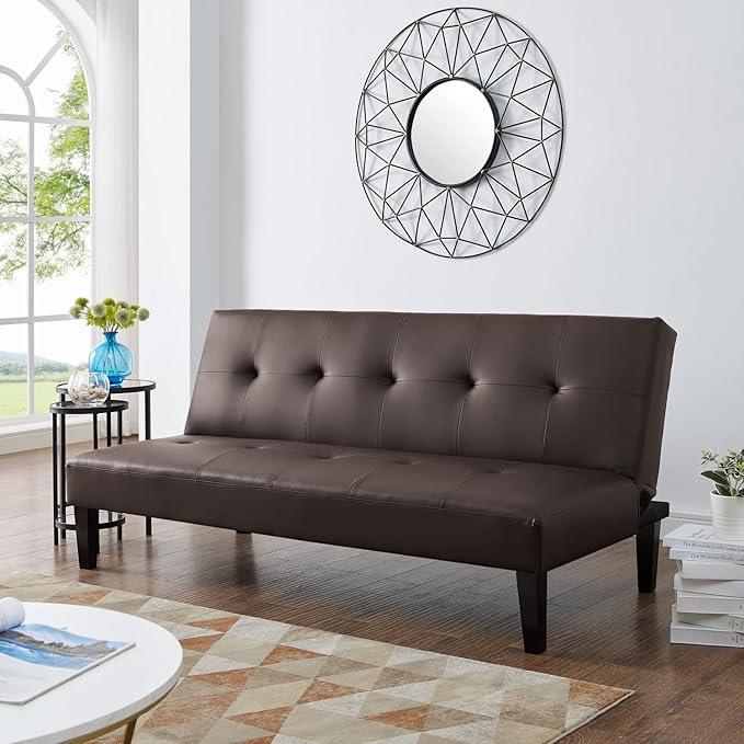 Naomi Home Button Tufted Futon Sofa Bed Espresso Faux Leather 3-Position Convertible Space-Saving 66.1 W