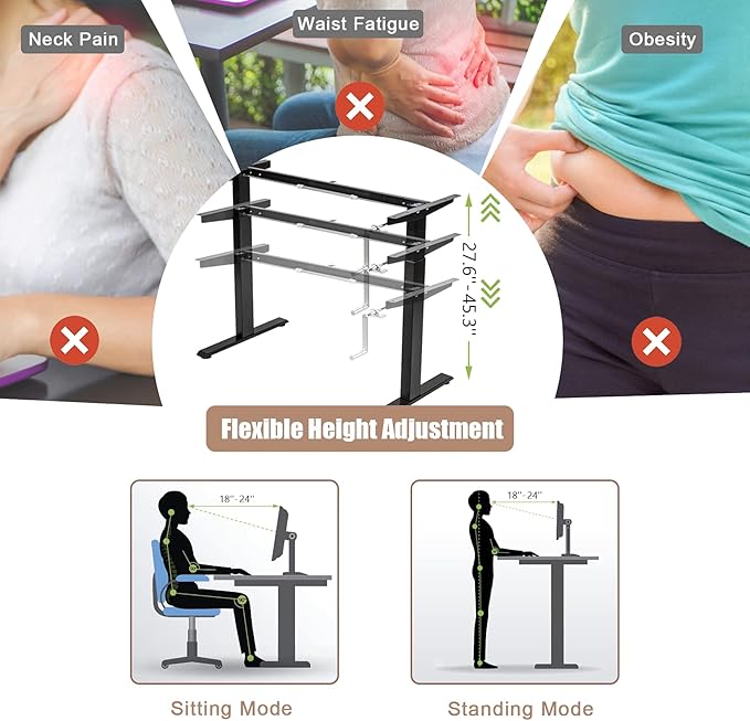 Tangkula Hand Crank Stand Up Desk Frame Manual Height Adjustable Standing Workstation with Foldable Crank Handle Cable Management Tray Headphone Hook Ergonomic Sit Stand Desk Frame for Home Office