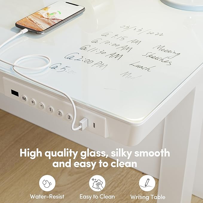 BANTI Electric Standing Desk with Drawers 55 inch Whole-Piece Glass Desktop Height Adjustable Stand up Sit Stand Home Office Ergonomic Workstation White Tabletop