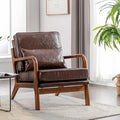 Brown Faux Leather Accent Chair- Comfy Solid Wood Arm Chair Mid Century Modern Armchair Lounge Sitting Decorative Office Side Chair Club Small Bedroom Reading Nook Sillas De Sala Living Room Furniture