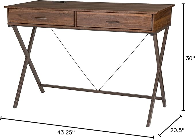 glitzhome 43 W Industrial Home Office Writing Desk with Power Outlet and USB Ports 2-Drawer Computer Laptop Table Walnut