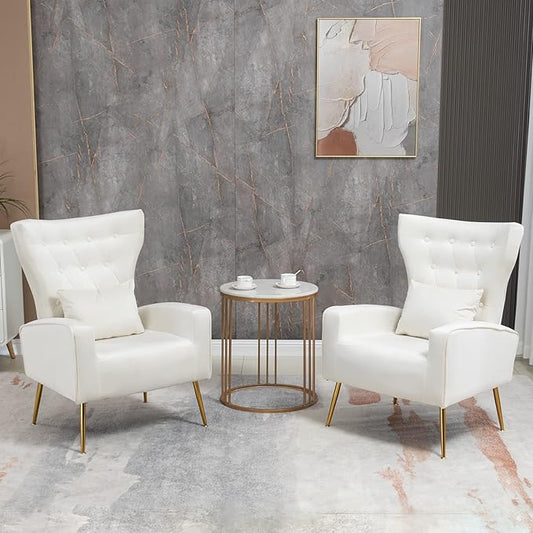 Button-Tufted Living Room Chairs Set of 2 WingBack Velvet Accent Chair Armchair with Lumbar Pillow Bedroom Chairs Vanity Chair Arm Chair with Golden Legs Cream