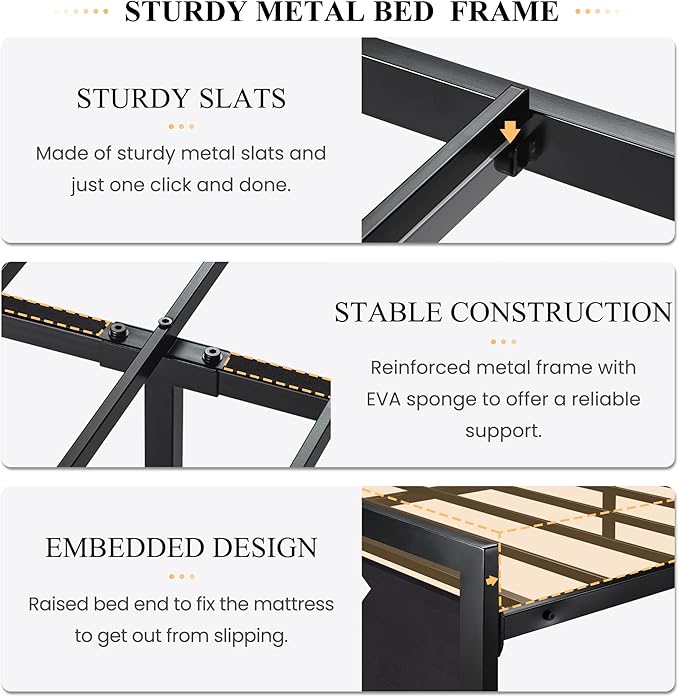 SHA CERLIN Full Size Bed Frame with Modern Headboard Heavy Duty Platform Metal Base with Square Footboard and 13 Strong Slats Support No Box Spring Needed Black