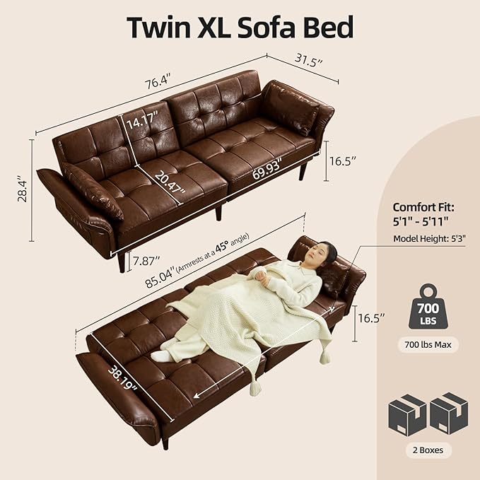 Futon Sofa Bed Sleeper Sofa Small Couch with Storage Adjustable Armrests Pillows Faux Leather Loveseat Mid Century Modern Couches for Living Room Bedroom Apartment Red Brown