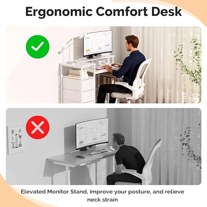 VINGLI 47 Inch L-Shaped Computer Desk Small Computer Gaming Desk with Fabric Drawers &amp Storage Shelves Charging Station Monitor Stand for Home Office White