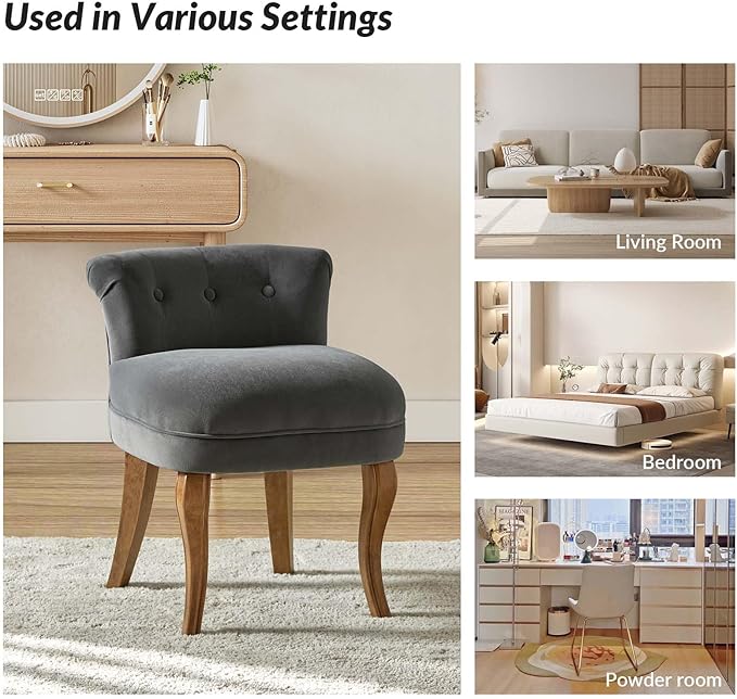 HULALA HOME Velvet Vanity Stool with Low Back Modern Vanity Chair with Solid Wood Legs Small Upholstered Makeup Chair Home Decor for Bedroom Living Room Dressing Table Women Girls Grey
