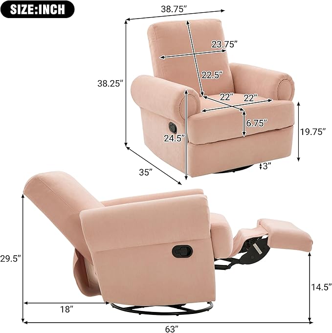 Merax Manual Recliner Sofa Swivel Recliner Rocker Chair with Adjustable Backrest for Living Room Bedroom or Nursery Pink