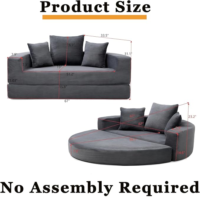 Grey Boneless Loveseat Couch - 67 Circular Convertible Sofa Bed No Assembly Corduroy Folding Floor Futon with Pillows for Small Spaces (Grey)