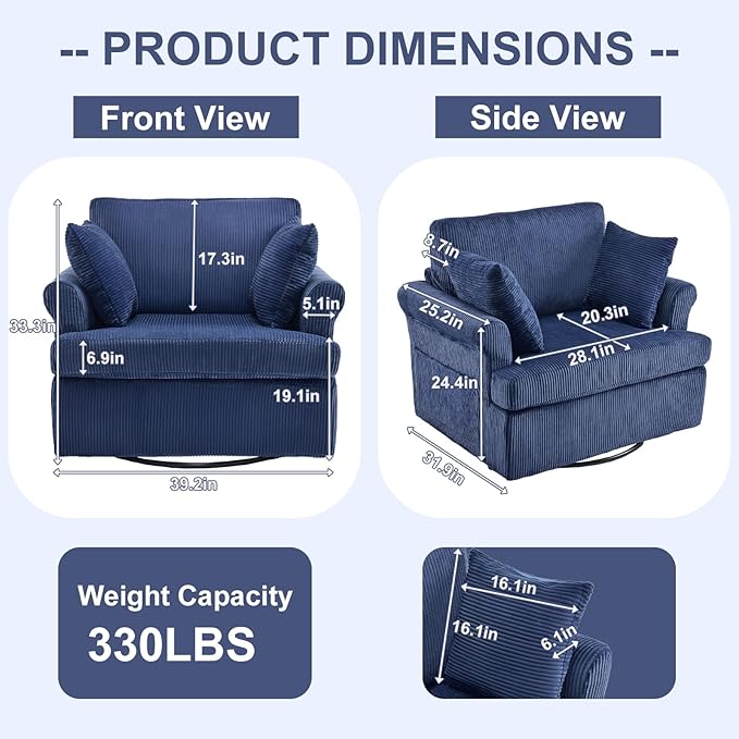 Karl home Swivel Accent Chair Set of 2 39 Oversized Armchair W/2 Pillows and 4 PocketsModern Corduroy Barrel ChairsComfy Single Sofa for Living RoomReadingBedroom and Office-Dark Blue