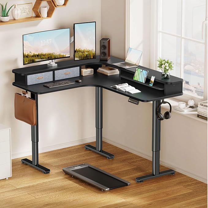 Flycity Electric L Shaped Standing Desk with Drawers 63 x 55 Corner Standing Desk Adjustable Height Stand Up Home Office Desk Dual Motor Sit Stand Desk with 3 Memory Preset &amp Lock Black
