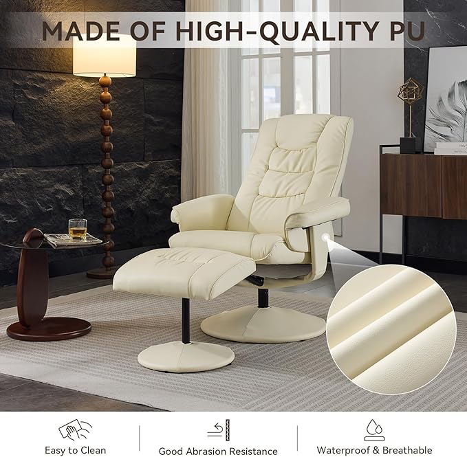Ergonomic Recliner Chair with Ottoman for Adults 360° Swivel Massage Lounge Chair with 5-Point Vibration &amp Heated Seat140° Adjustable PU Leather Recliner for Living Room Office (Beige+PU)