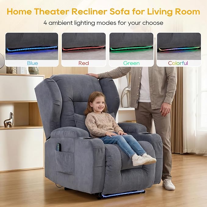 IPKIG Power Recliner Chair with Massage and Heat Electric Recliner for Living Room Home Theater Bedroom with LED Lights USB Charger Cup Holders Side Pockets &amp Lumbar Pillow (2 Grey)