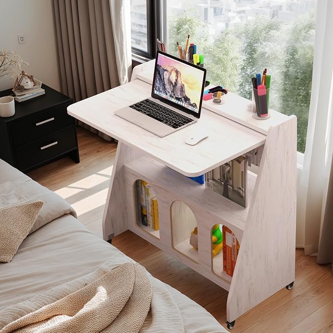 Pmnianhua Farmhouse Portable Desk on WheelsMobile WorkstationRolling Computer Desk with Wheels and Storage for Home Office Small Space(White)