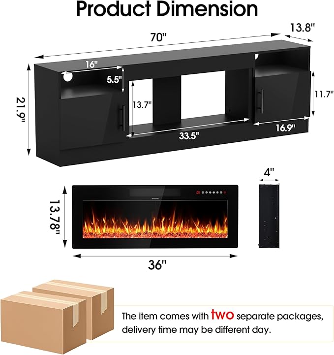 AHB Fireplace TV Stand LED Light Entertainment Center with 36 Electric Fireplace Storage Cabinet and Door Handles Media Console Table for TVs Up to 80 Inches for Living Room 70 Inches (Black)
