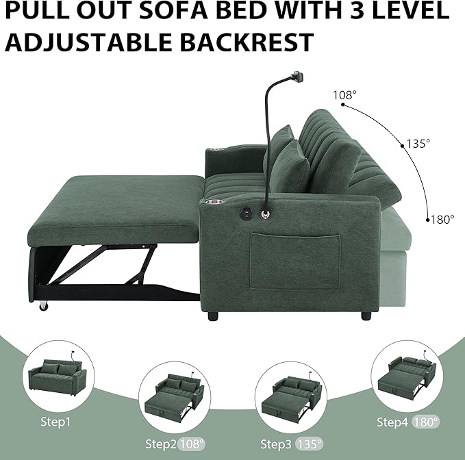 Bellemave 55.9 Convertible Sofa Bed Loveseat 3-Position Recliner to Sleeper with USB Ports Cup Holders 360°Swivel Phone Holder &amp Side Pockets for Small Space Green