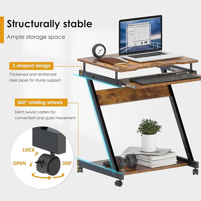 sogesfurniture Retro Computer Desk Small Mobile Workstation with Keyboard Tray Printer Shelf &amp Storage 23.6x18.9x28.7 inches Engineered Wood for Home and Office