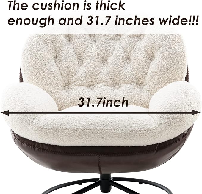 Modern Accent Chair with Ottoman Fluffy Faux Fur Upholstered Swivel Lounge Chair with footrest Comfy Tufted Armchair with Metal Heavy Duty Base for Living Room Bedroom Reading Chair White