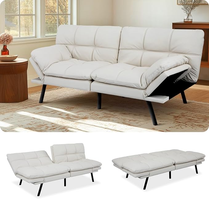 MUUEGM Futon Sofa Bed 71 Ivory Convertible Memory Foam Futon Couch Bed Modern Loveseat Sleeper with Adjustable Backrests Armrests for Living RoomSmall SpaceOffice