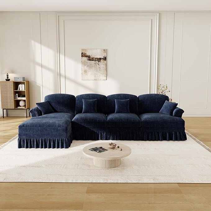 healthomse Modular Sectional Sofa Couch Comfy Chenille Four-Seat Sofa with Removable Ruffles Pleats Skirts Elegant Mid Century Sofa Couch for Living Room Bedroom (Blue 137.8inch+1 Ottoman)