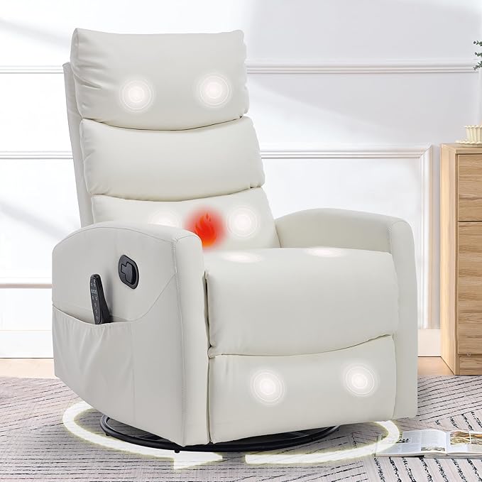 cinkehome Swivel Rocker Recliner Chair Upholstered Nursery Glider Recliner Chair with Heated Massage High Back Side Pocket (White PU Leather)