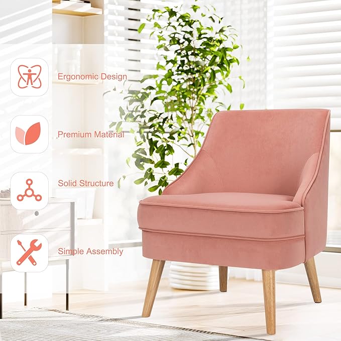 Giantex Set of 2 Velvet Accent Chairs Mid Century Single Sofa Chair w/Rubber Wood Legs Comfy Slipper Chair Upholstered Armless Leisure Side Chair for Living Room Bedroom Meeting Room Pink