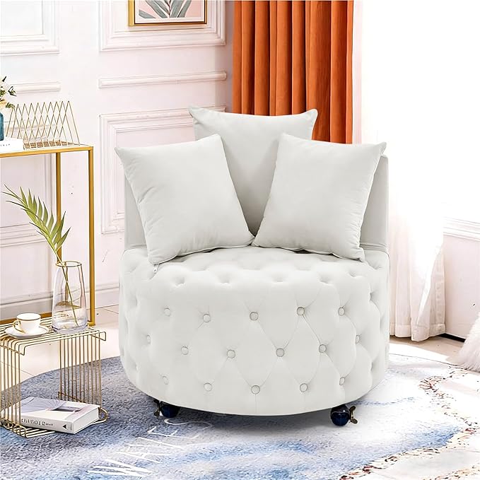 360° Swivel Barrel Chair Set of 2 30W Modern Velvet Upholstered Round Accent Chair with Button Tufted Design &amp 4 Movable Wheels Comfy Small Armchair for Living Room Bedroom Sillas Para Sala Bei