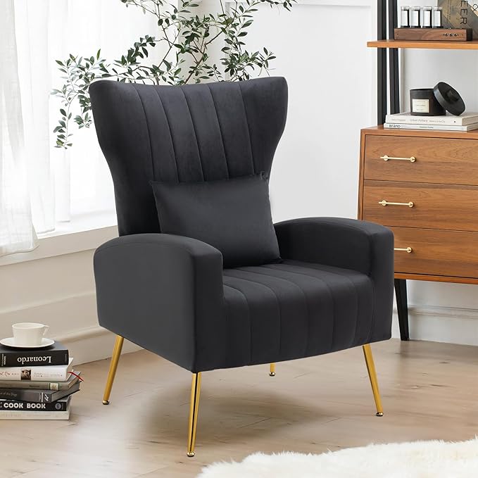 Living Room Chairs Set of 2 Modern Velvet Accent Chairs with Lumbar Pillow High Back Armchair Arm Chairs with Gold Metal Legs for Bedroom Black
