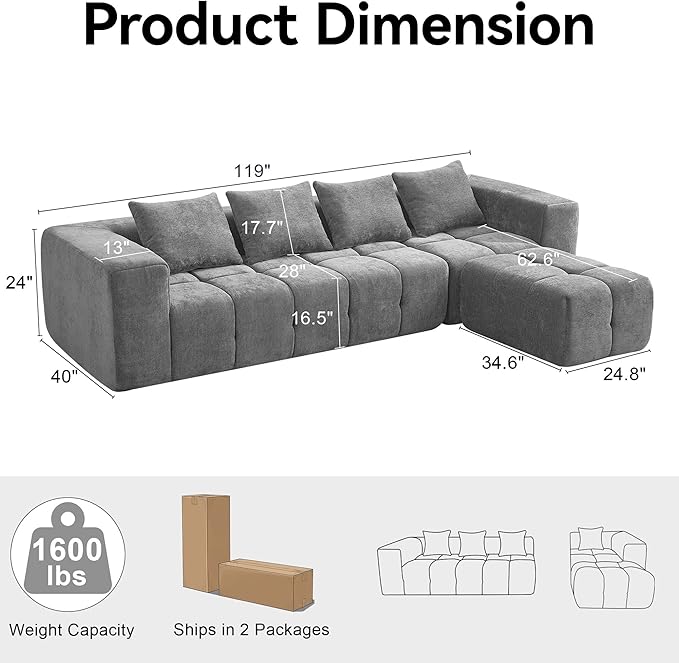 119 Oversized Cloud Boneless Couches for Living Room Modern Tufted Modular Sectional Sofa with Deep Seat &amp Movable Ottoman L Shaped Memory Foam Chenille Couch No Assembly Required Light Grey