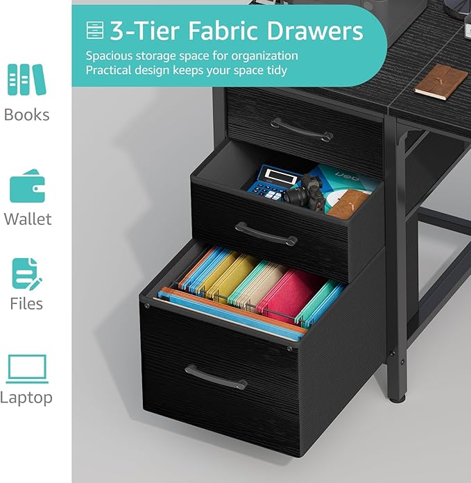 Lufeiya Computer Desk with Fabric File Drawers Cabinet 55 Inch Reversible Home Office Desks with Filing Cabinet Study Writing Table PC Desks with Storage for Bedroom Black