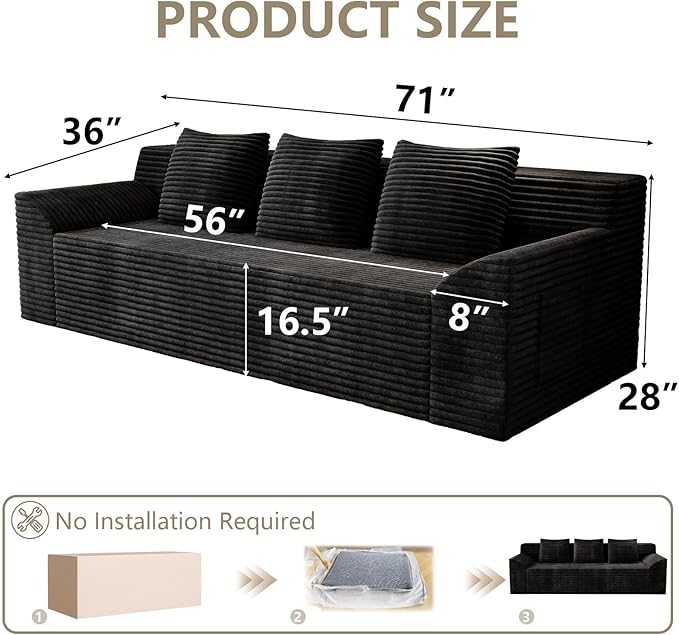 71 Love Seat Couches Corduroy Boneless Loveseat with Deep Seats 2 Seat Couch Apartment Size Couch with 3 Pillows&ampSide Pockets for Bedroom Office No Assembly Required Black