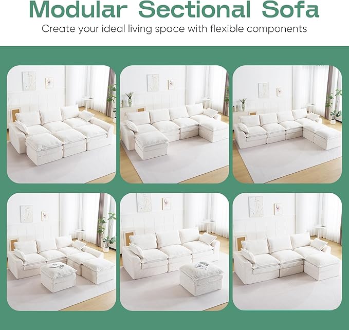 145 Modular Sectional Sofa Comfy Cloud Sectional Couch with Deep SeatOversized U Shaped Boneless Couch with OttomanUpholstered Boneless Cloud Couch with Side PocketsCorduroyBeige