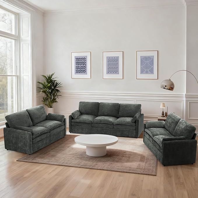 3 Pieces Chenille Sofa Set w/Arm Pillows Upholstered 2 Pieces Loveseat &amp 3 Seater Sofa w/Comfortable Back Cushions Modern 2-Seat &amp 3-Seat w/High-Density Foam for Living Room Grey