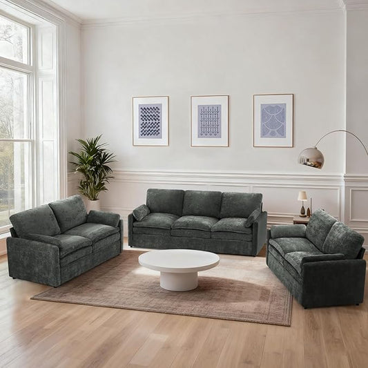 3 Pieces Chenille Sofa Set w/Arm Pillows Upholstered 2 Pieces Loveseat &amp 3 Seater Sofa w/Comfortable Back Cushions Modern 2-Seat &amp 3-Seat w/High-Density Foam for Living Room Grey