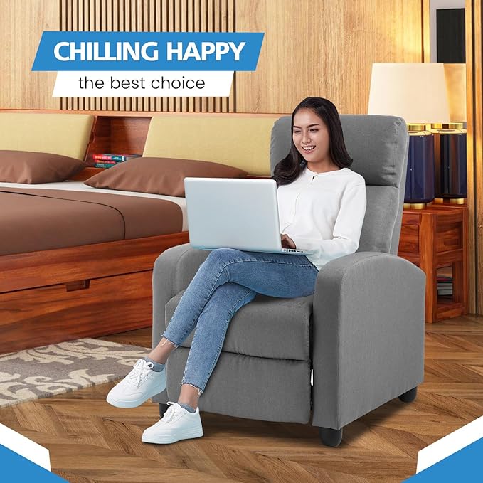 Recliner Chair for Adults Living Room Chairs Reading Chair with Fabric Padded Seat Backrest Modern Reclining Easy Lounge Bedroom Chair Recliner Chair for Bedroom (Grey)