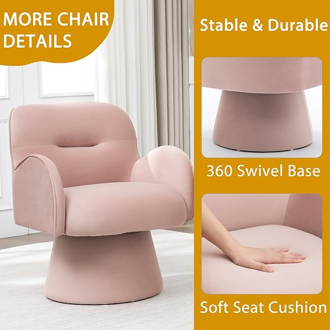 Swivel Chair with Armrest Modern Velvet Barrel Chairs with Curve Back Soft Cushion Comfy Accent Round Armchair Single Sofa for Living Room Bedroom Pink