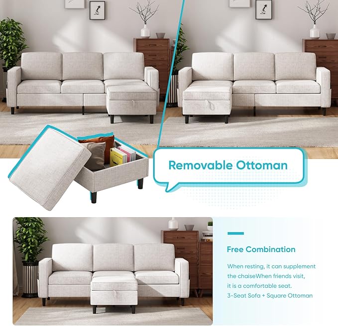 CECER 3 Piece Living Room Sectional Sofa Set with Ottoman and Side Pockets Modern Linen 5 Seater Couch Set3-Seater Sofa and Loveseat Set for Living Room/Office/Apartment-Beige