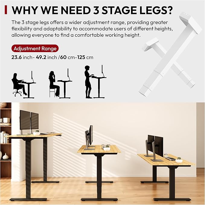 SANODESK Standing Desk with Dual Motor 3-Stage Lifting Column Handset with 3 Preset and Sit-Stand Reminder - 60 inch Whole Piece Real Bamboo/Black Frame Height Adjustable Desk for Home and Office