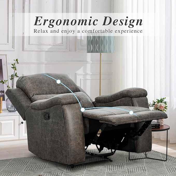 EBELLO Grey Recliner Chair Single Overstuffed Sofa Recliners Breathable Faux Leather Manual Reclining Chairs with Hidden Cup Holder Arm and Back for Adults Living Room Bedroom Grey
