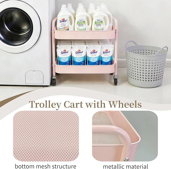 2 Tier Pink Rolling Cart with Wheels for Under Desk Storage Large Capacity Rolling Pantry &amp Kitchen Storage Cart for Small Space Sturdy Metal Bathroom Shelf Laundry Room Organization