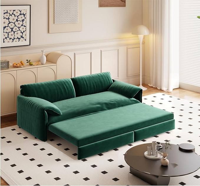 66 Queen Pull Out Sofa Bed 3-in-1 Convertible Sleeper Sofa with Side StorageMulti-Functional Velvet Loveseat Bed for Living RoomBedroomApartmentOffice (Green 66)