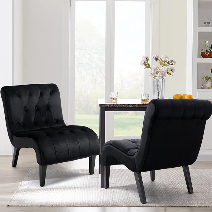 AVAWING Armless Accent Chair Set of 2 Upholstered Velvet Lounge Chair with Wood Legs Comfy Reading Chair for Living Room &amp Bedroom Black