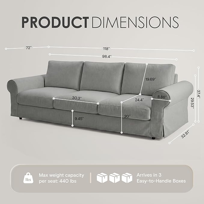 118 Oversized 3 Seater Cloud Couch Farmhouse Comfy Slipcoverd Sofa with Rolled Arms Washable Couches with Deep &amp Wide seat for Living Room Gray