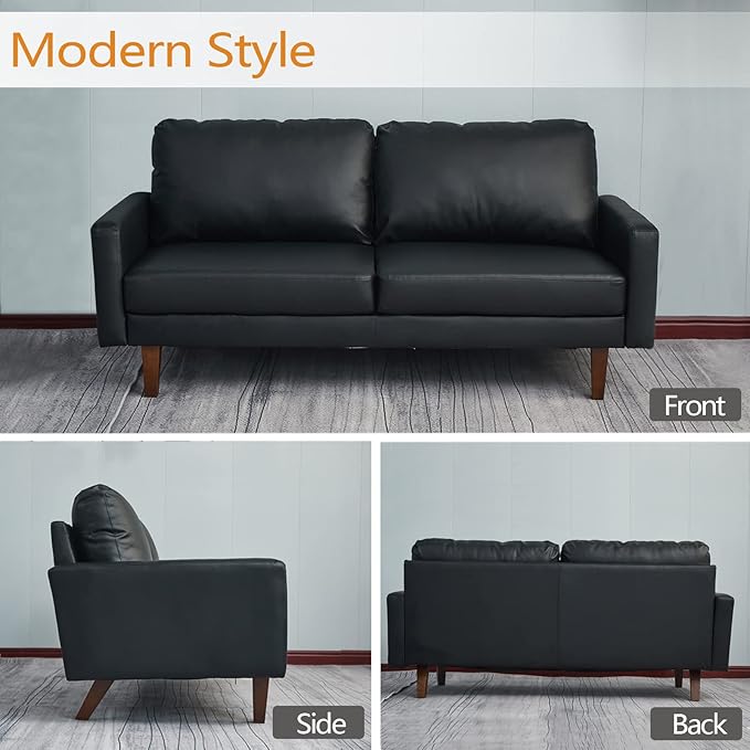 INSTORY Leather Sofa Modern Couch with Wooden Legs for Living Room Office - Black